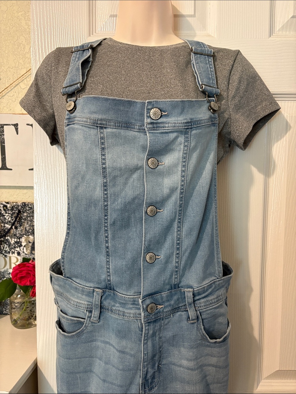 Distressed Denim Button-Front Overalls - Picture 4 of 7